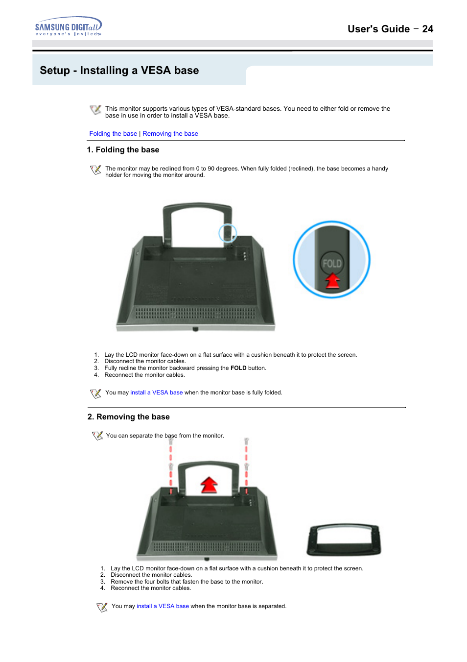 Setup - installing a vesa base, User's guide t 24 | Samsung 152MP User Manual | Page 24 / 70