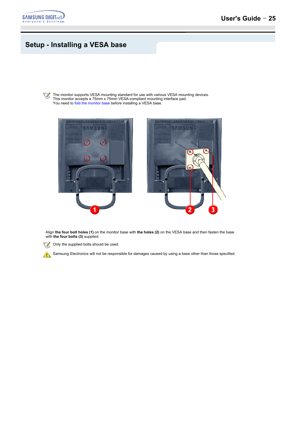 Setup - installing a vesa base, User's guide t 25 | Samsung 152MP User Manual | Page 25 / 70