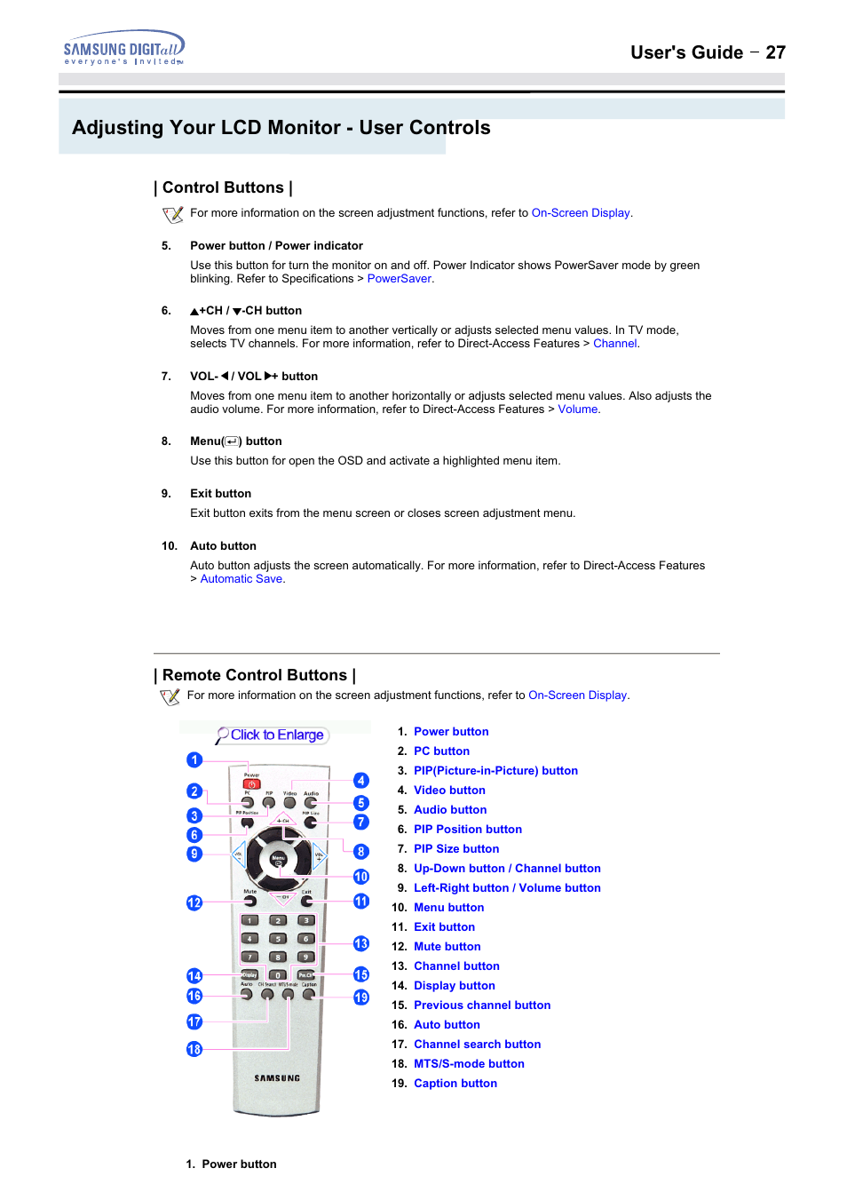 Adjusting your lcd monitor - user controls, User's guide t 27, Control buttons | Remote control buttons | Samsung 152MP User Manual | Page 27 / 70