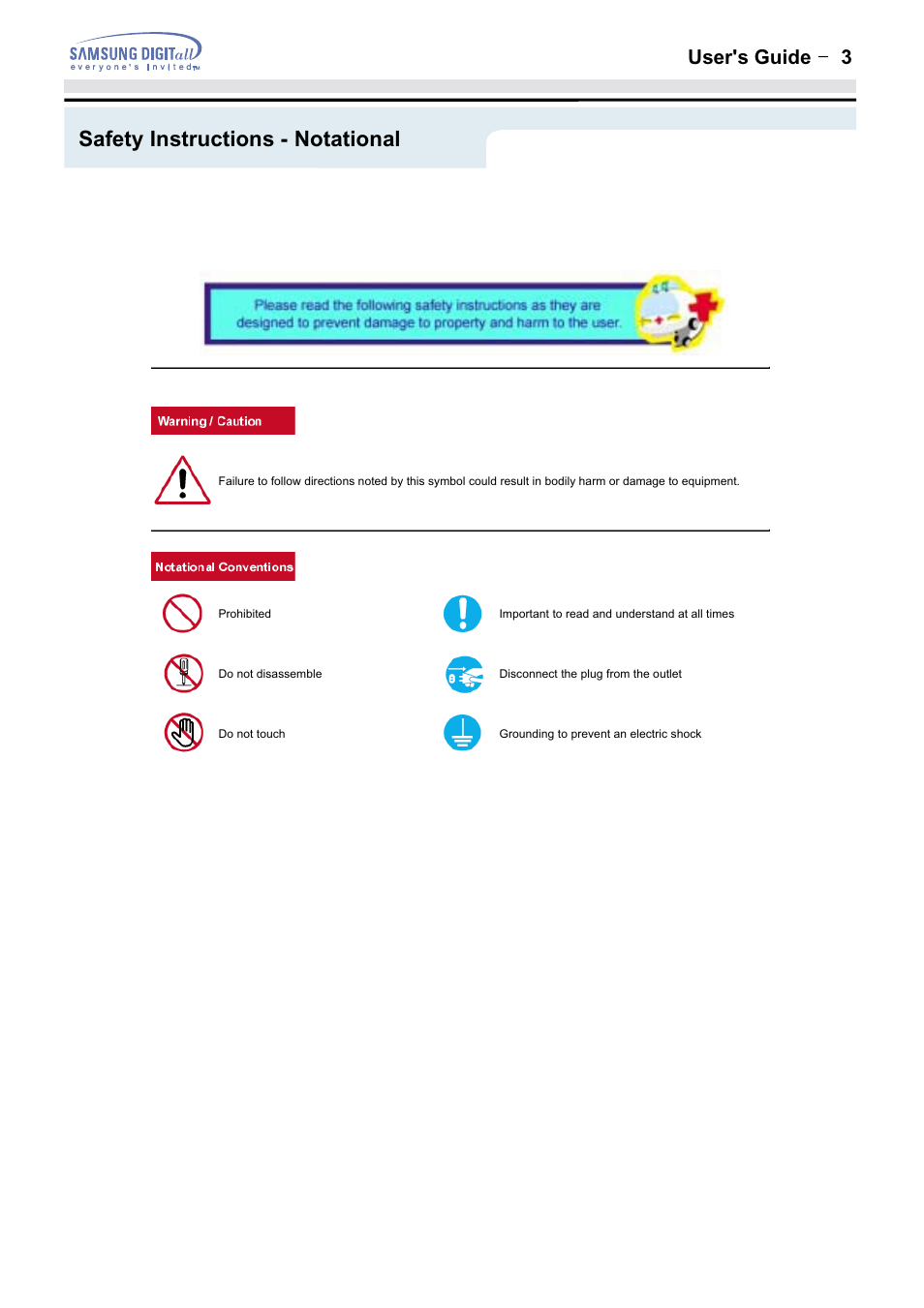 Safety instructions - notational, User's guide t 3 | Samsung 152MP User Manual | Page 3 / 70