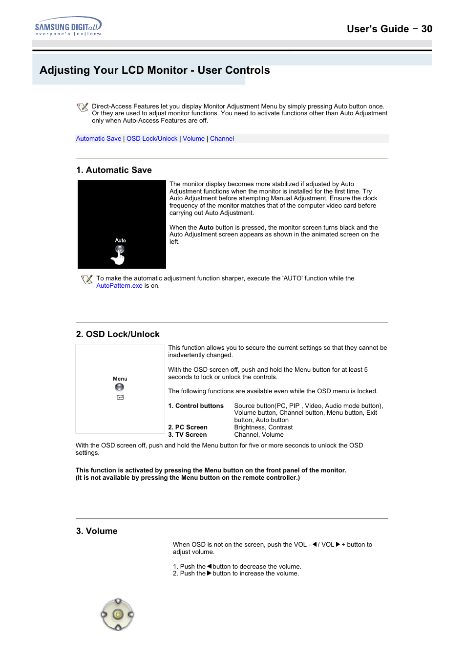 Adjusting your lcd monitor - user controls, User's guide t 30, Automatic save | Osd lock/unlock, Volume | Samsung 152MP User Manual | Page 30 / 70