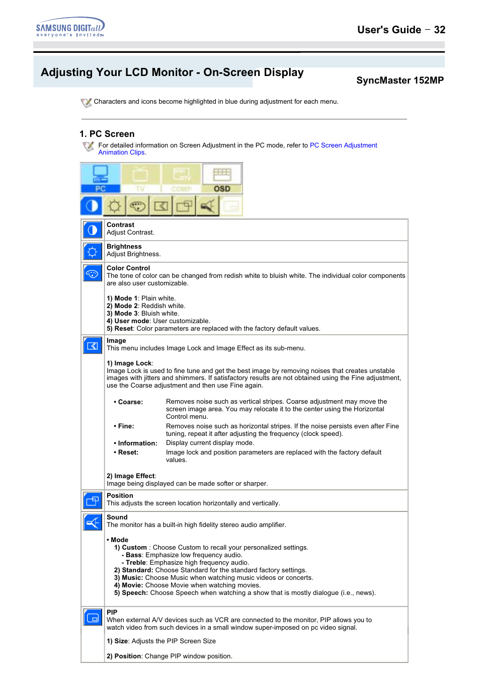 Adjusting your lcd monitor - on-screen display, User's guide t 32, Syncmaster 152mp | Samsung 152MP User Manual | Page 32 / 70