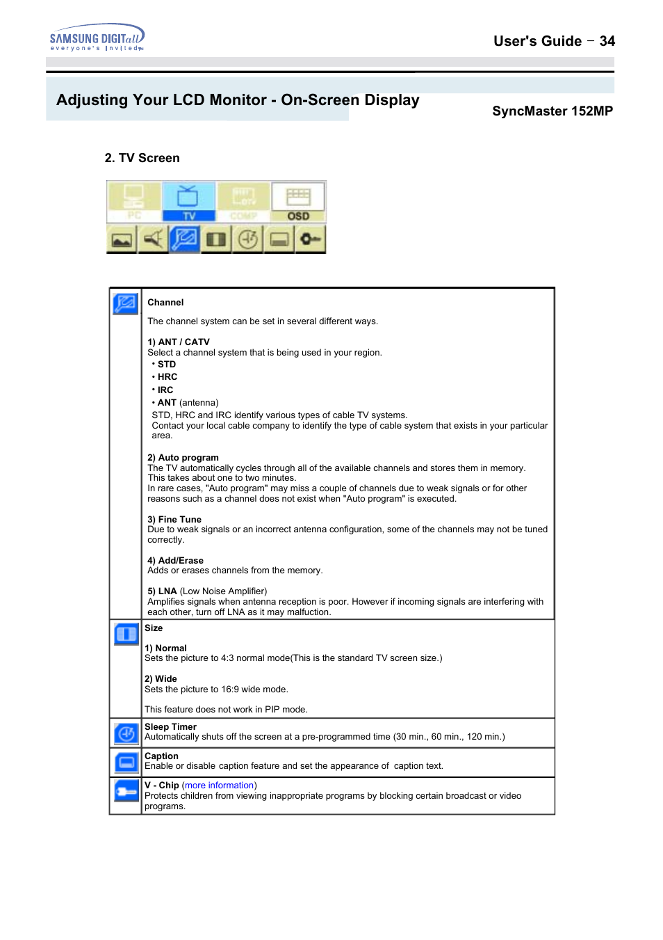 Adjusting your lcd monitor - on-screen display, User's guide t 34, Syncmaster 152mp | Samsung 152MP User Manual | Page 34 / 70