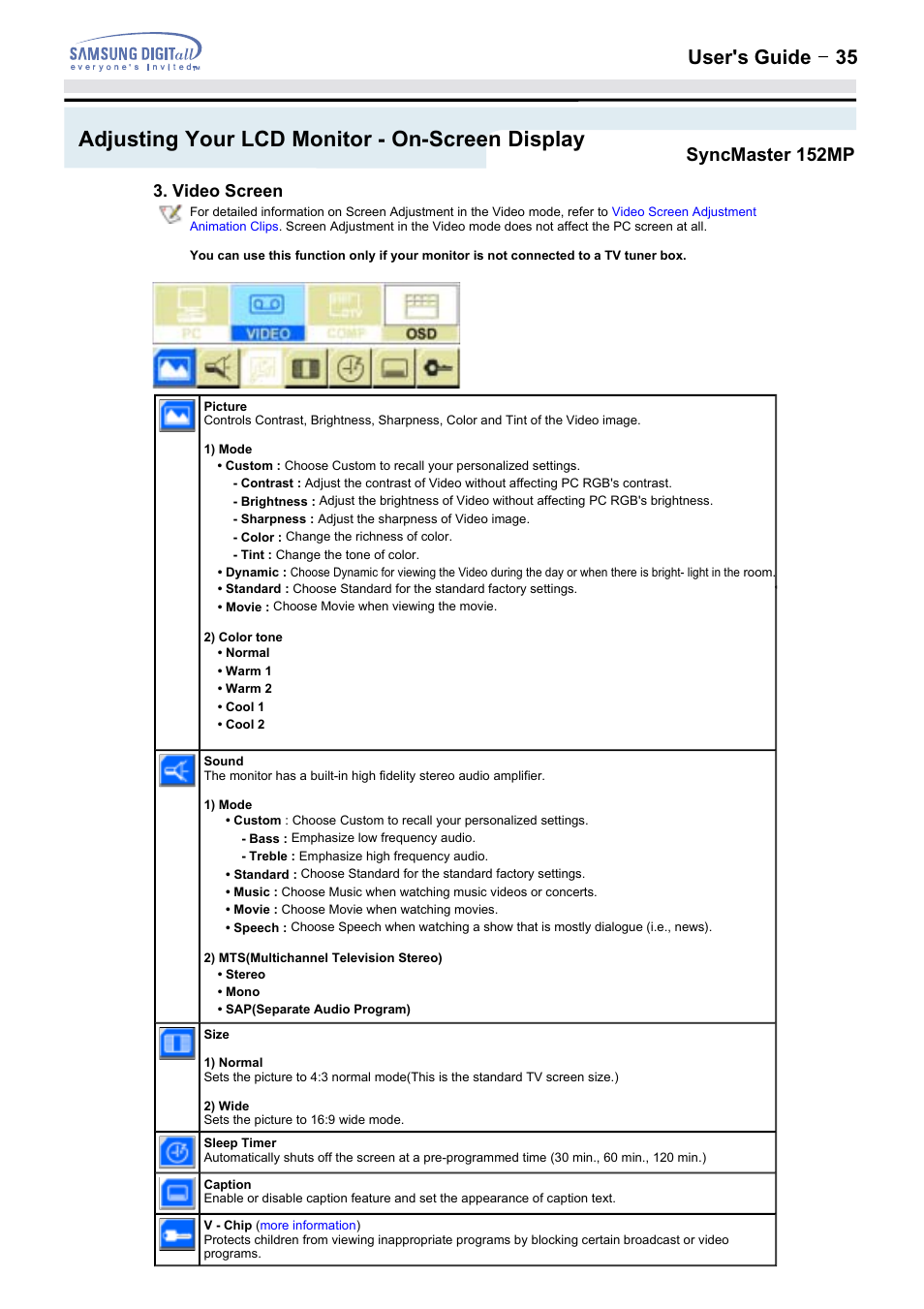 Adjusting your lcd monitor - on-screen display, User's guide t 35, Syncmaster 152mp | Samsung 152MP User Manual | Page 35 / 70