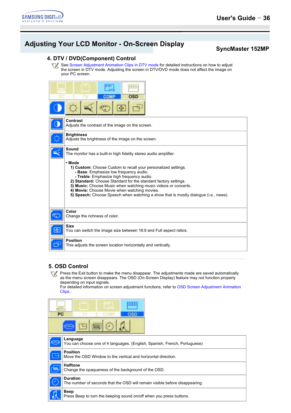 Adjusting your lcd monitor - on-screen display, User's guide t 36, Syncmaster 152mp | Osd control | Samsung 152MP User Manual | Page 36 / 70