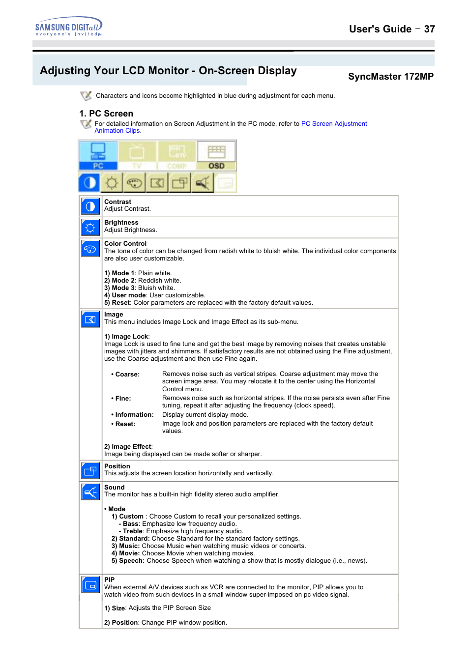 Adjusting your lcd monitor - on-screen display, User's guide t 37, Syncmaster 172mp | Samsung 152MP User Manual | Page 37 / 70