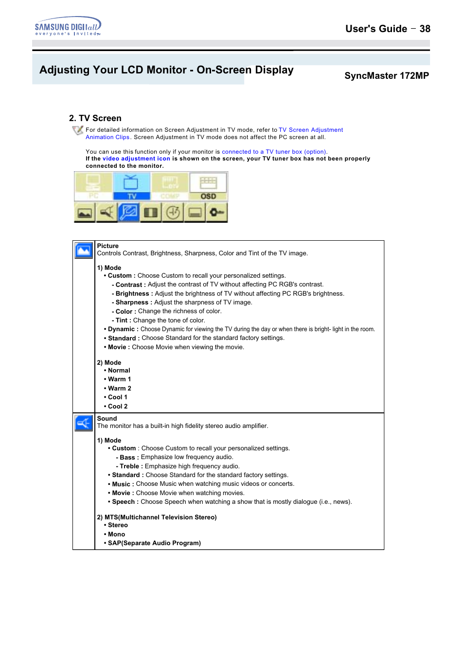 Adjusting your lcd monitor - on-screen display, User's guide t 38, Syncmaster 172mp | Samsung 152MP User Manual | Page 38 / 70