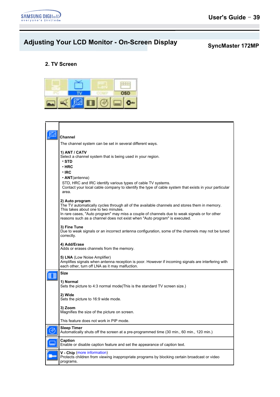 Adjusting your lcd monitor - on-screen display, User's guide t 39, Syncmaster 172mp | Samsung 152MP User Manual | Page 39 / 70