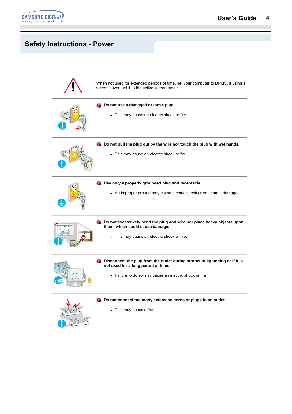 Safety instructions - power, User's guide t 4 | Samsung 152MP User Manual | Page 4 / 70