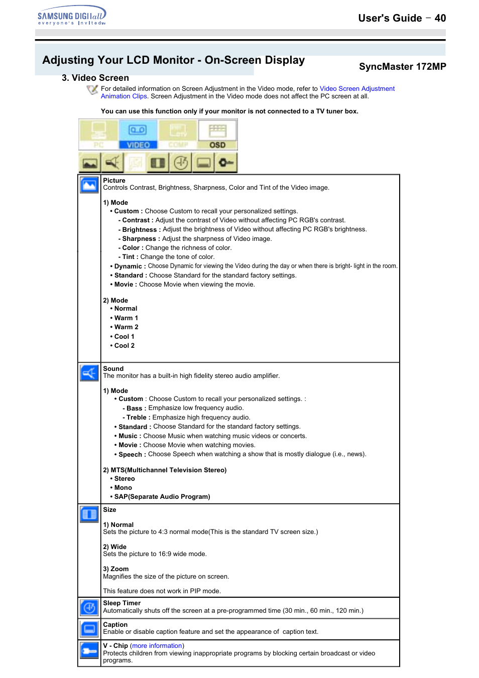 Adjusting your lcd monitor - on-screen display, User's guide t 40, Syncmaster 172mp | Samsung 152MP User Manual | Page 40 / 70