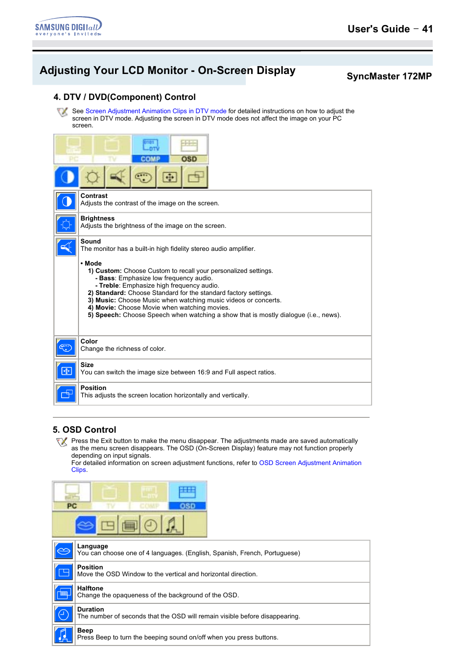 Adjusting your lcd monitor - on-screen display, User's guide t 41, Syncmaster 172mp | Osd control | Samsung 152MP User Manual | Page 41 / 70