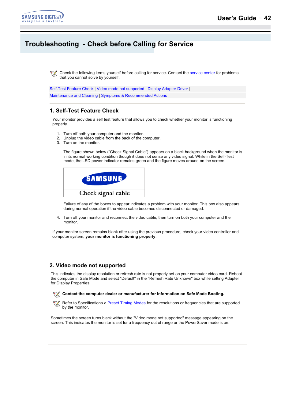 Troubleshooting - check before calling for service, User's guide t 42, Self-test feature check | Video mode not supported | Samsung 152MP User Manual | Page 42 / 70