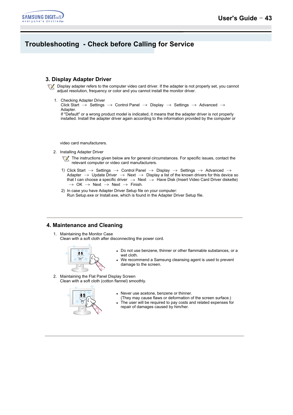 Troubleshooting - check before calling for service, User's guide t 43, Maintenance and cleaning | Display adapter driver | Samsung 152MP User Manual | Page 43 / 70