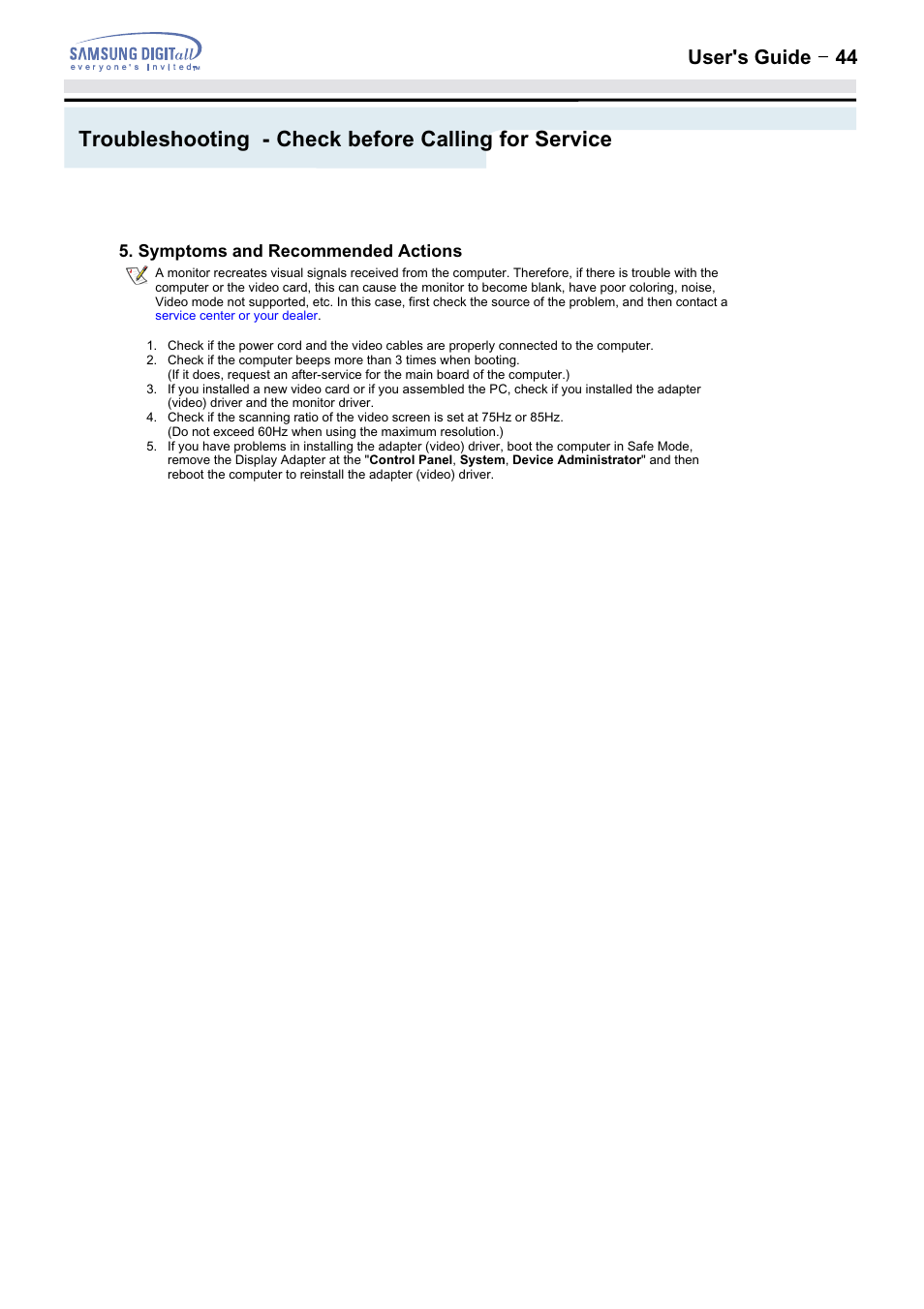 Troubleshooting - check before calling for service, User's guide t 44 | Samsung 152MP User Manual | Page 44 / 70