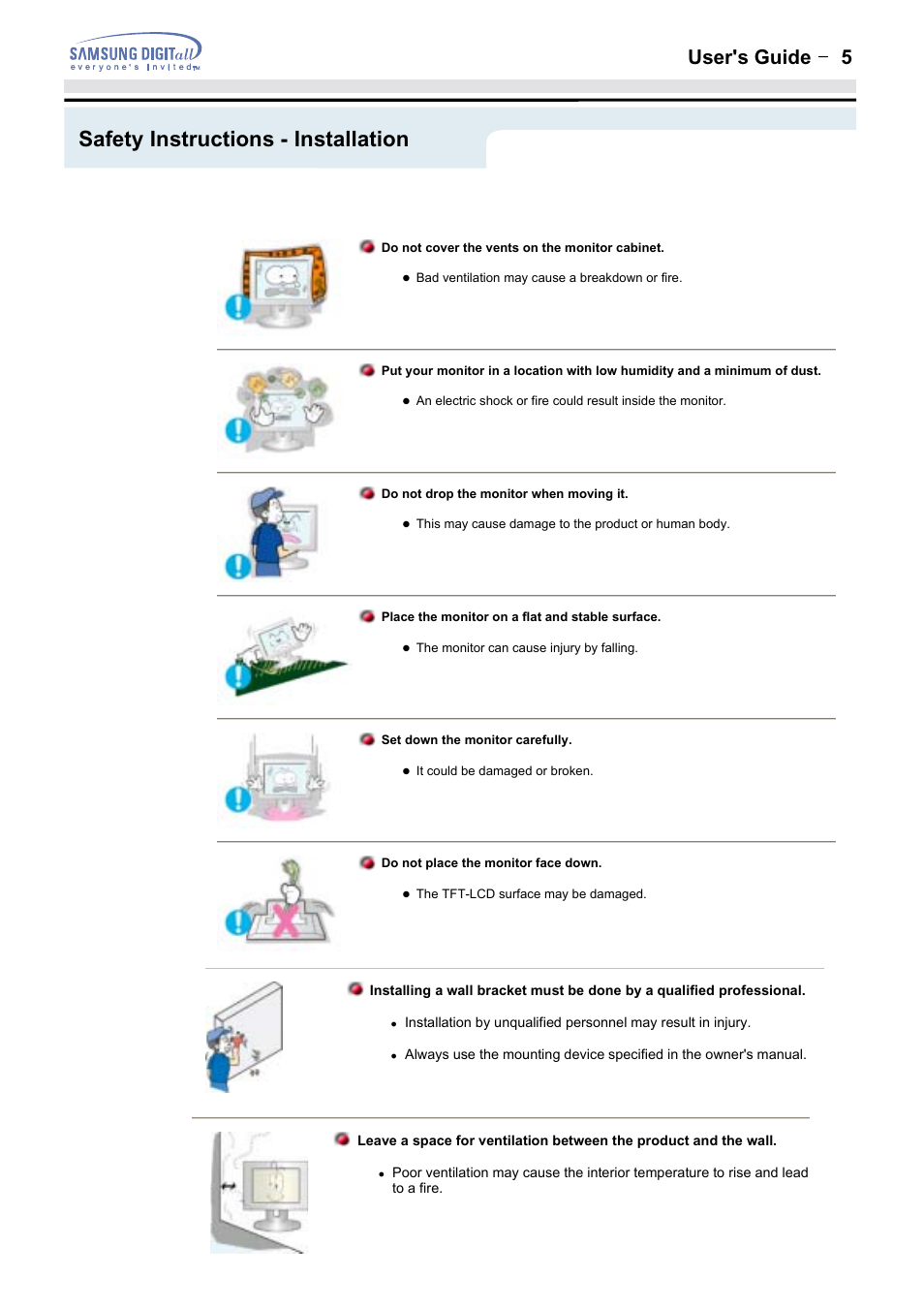 Safety instructions - installation, User's guide t 5 | Samsung 152MP User Manual | Page 5 / 70