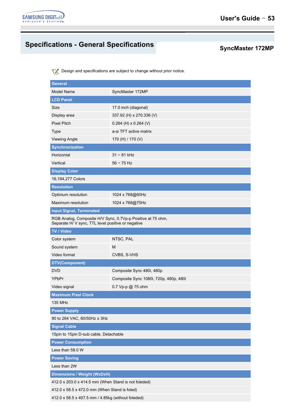 Specifications - general specifications, User's guide t 53, Syncmaster 172mp | Samsung 152MP User Manual | Page 53 / 70