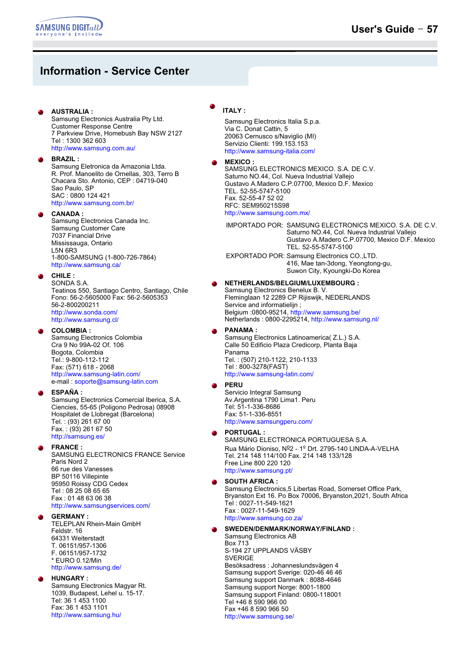 Information - service center, User's guide t 57 | Samsung 152MP User Manual | Page 57 / 70