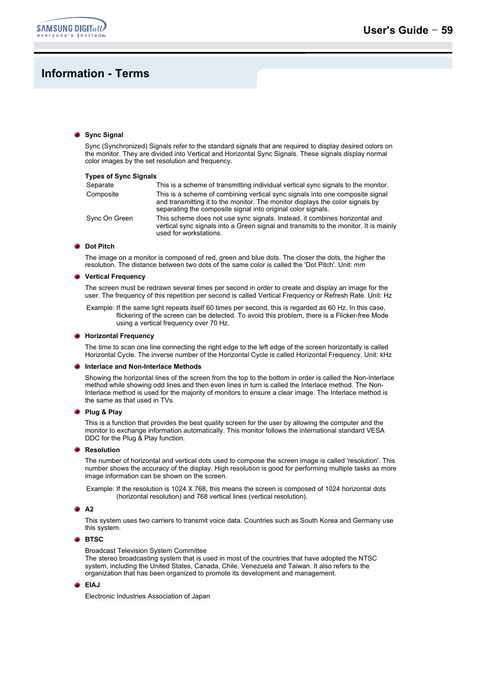 Information - terms, User's guide t 59 | Samsung 152MP User Manual | Page 59 / 70