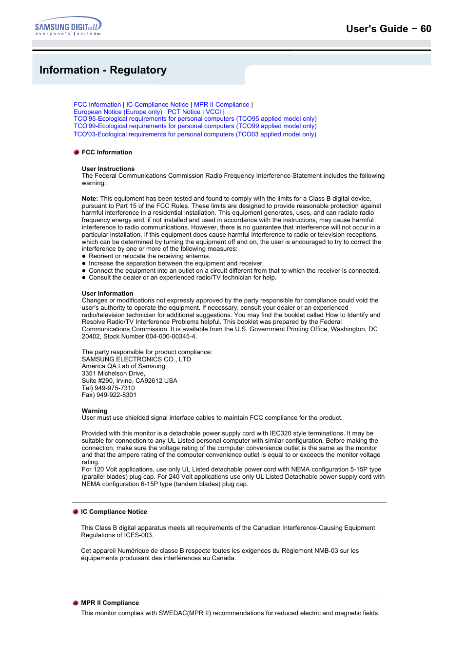 Information - regulatory, User's guide t 60 | Samsung 152MP User Manual | Page 60 / 70