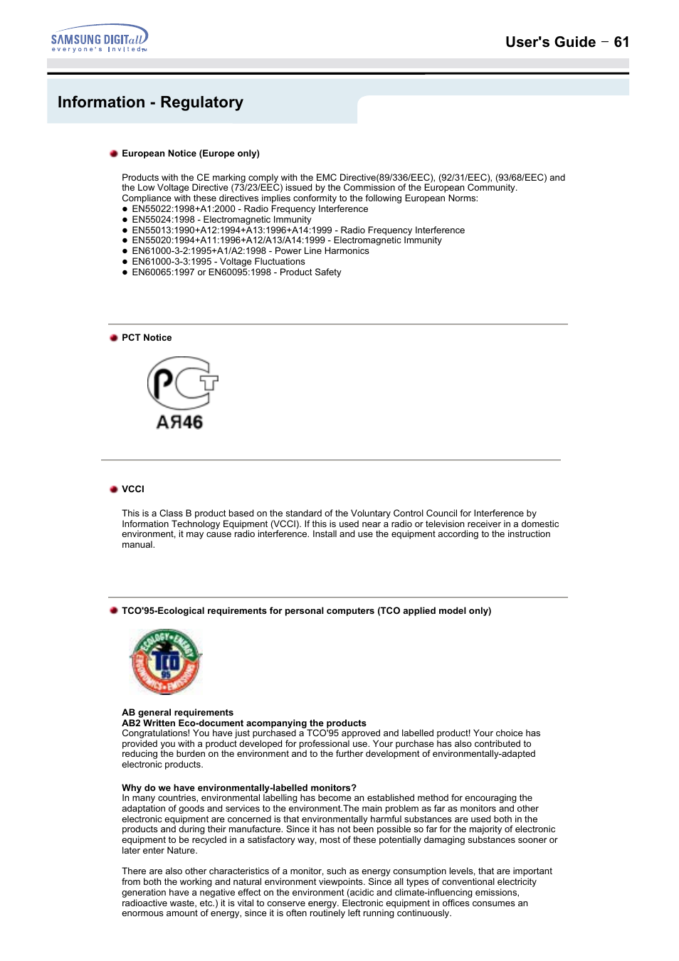 Information - regulatory, User's guide t 61 | Samsung 152MP User Manual | Page 61 / 70