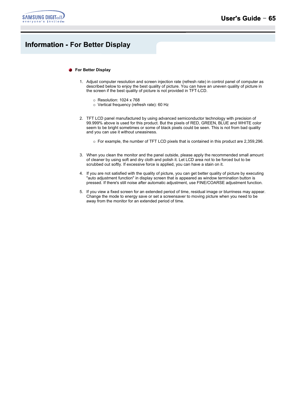 Information - for better display, Information, User's guide t 65 | Samsung 152MP User Manual | Page 67 / 70