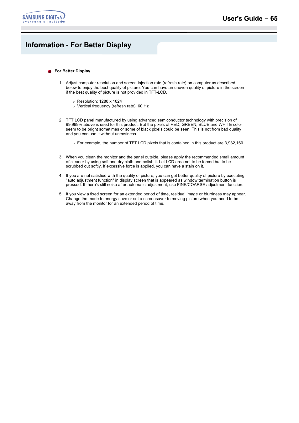 Information, Information - for better display, User's guide t 65 | Samsung 152MP User Manual | Page 68 / 70