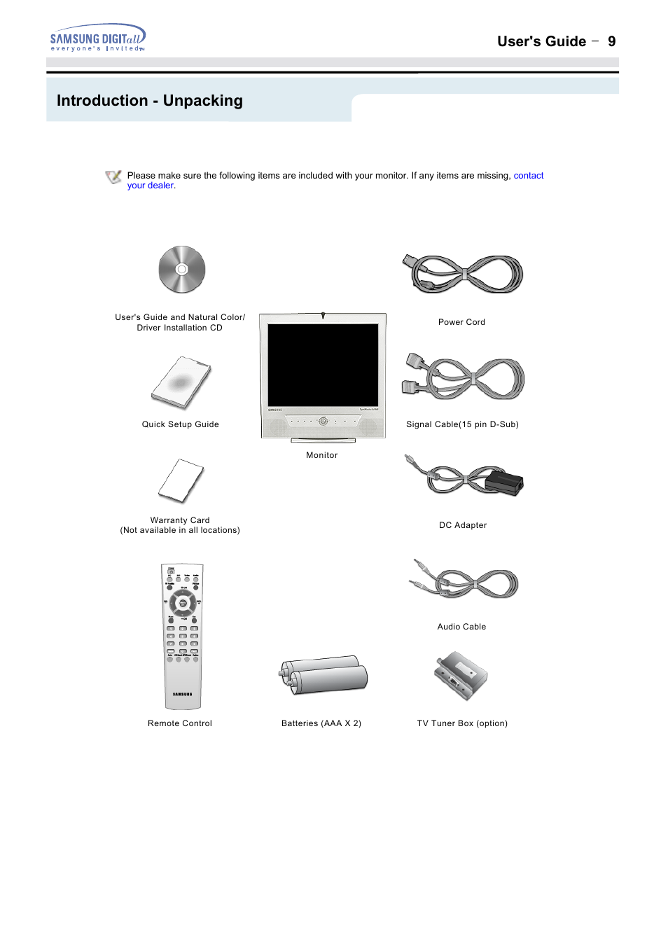 Introduction - unpacking, User's guide t 9 | Samsung 152MP User Manual | Page 9 / 70