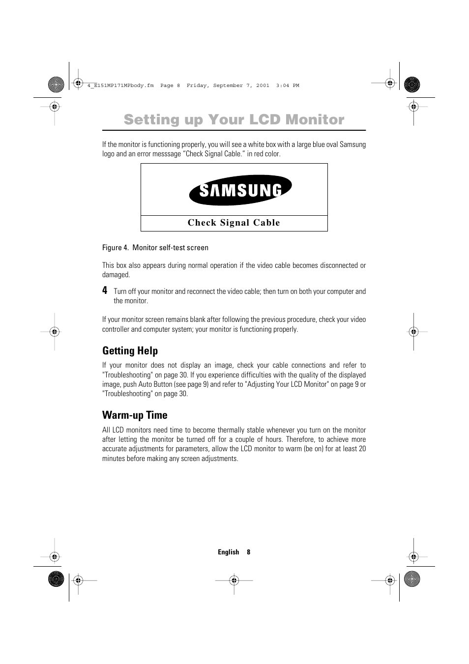 Setting up your lcd monitor, Getting help, Warm-up time | Samsung 151MP User Manual | Page 10 / 44