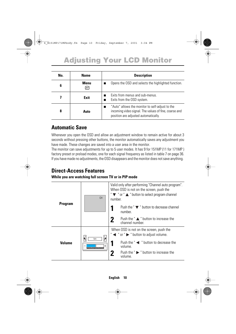 Adjusting your lcd monitor, Automatic save, Direct-access features | Samsung 151MP User Manual | Page 12 / 44