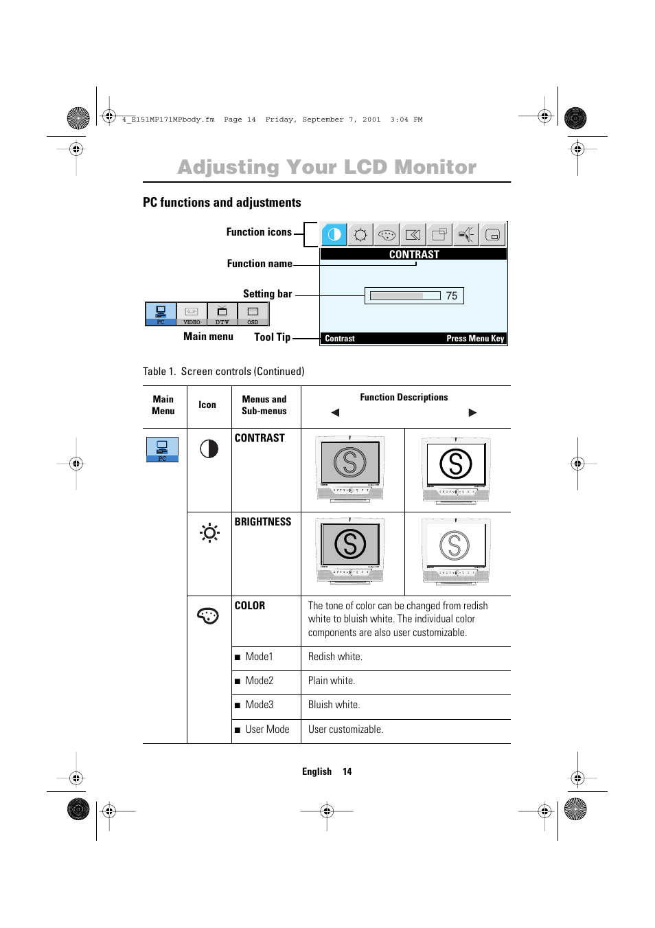 Adjusting your lcd monitor, Pc functions and adjustments | Samsung 151MP User Manual | Page 16 / 44