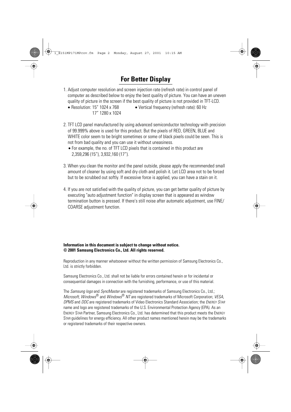 For better display | Samsung 151MP User Manual | Page 2 / 44