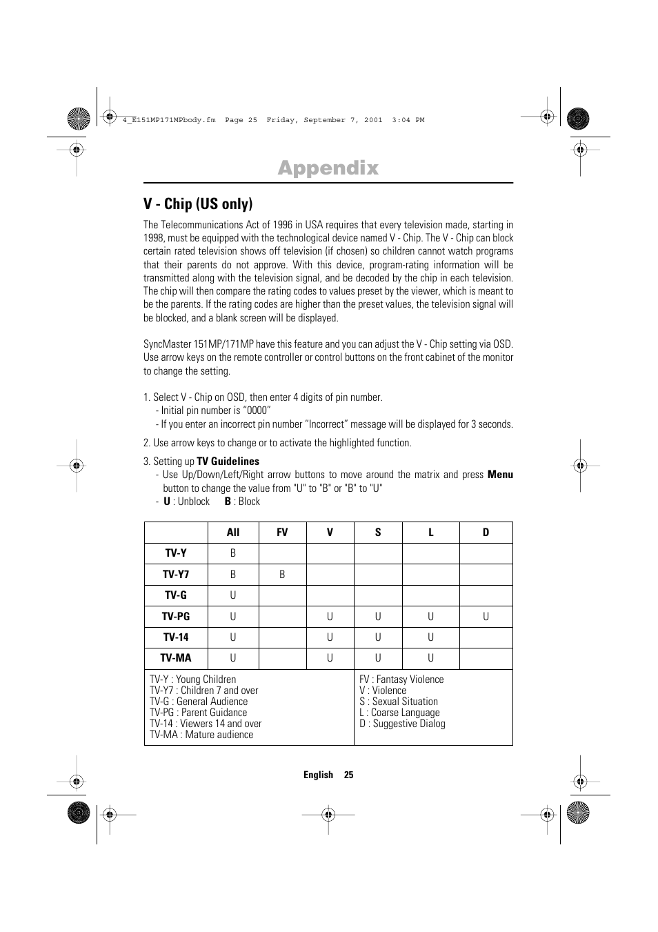 Appendix, V - chip (us only) | Samsung 151MP User Manual | Page 27 / 44