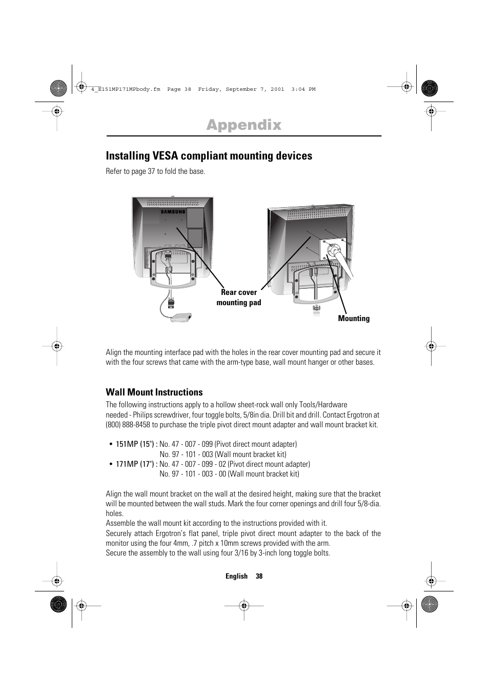 Appendix, Installing vesa compliant mounting devices | Samsung 151MP User Manual | Page 40 / 44