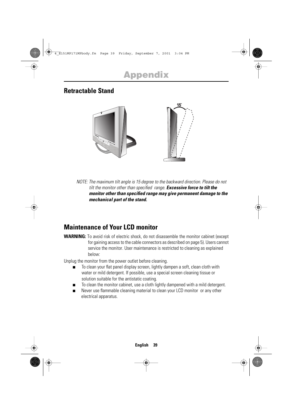 Appendix, Retractable stand, Maintenance of your lcd monitor | Samsung 151MP User Manual | Page 41 / 44