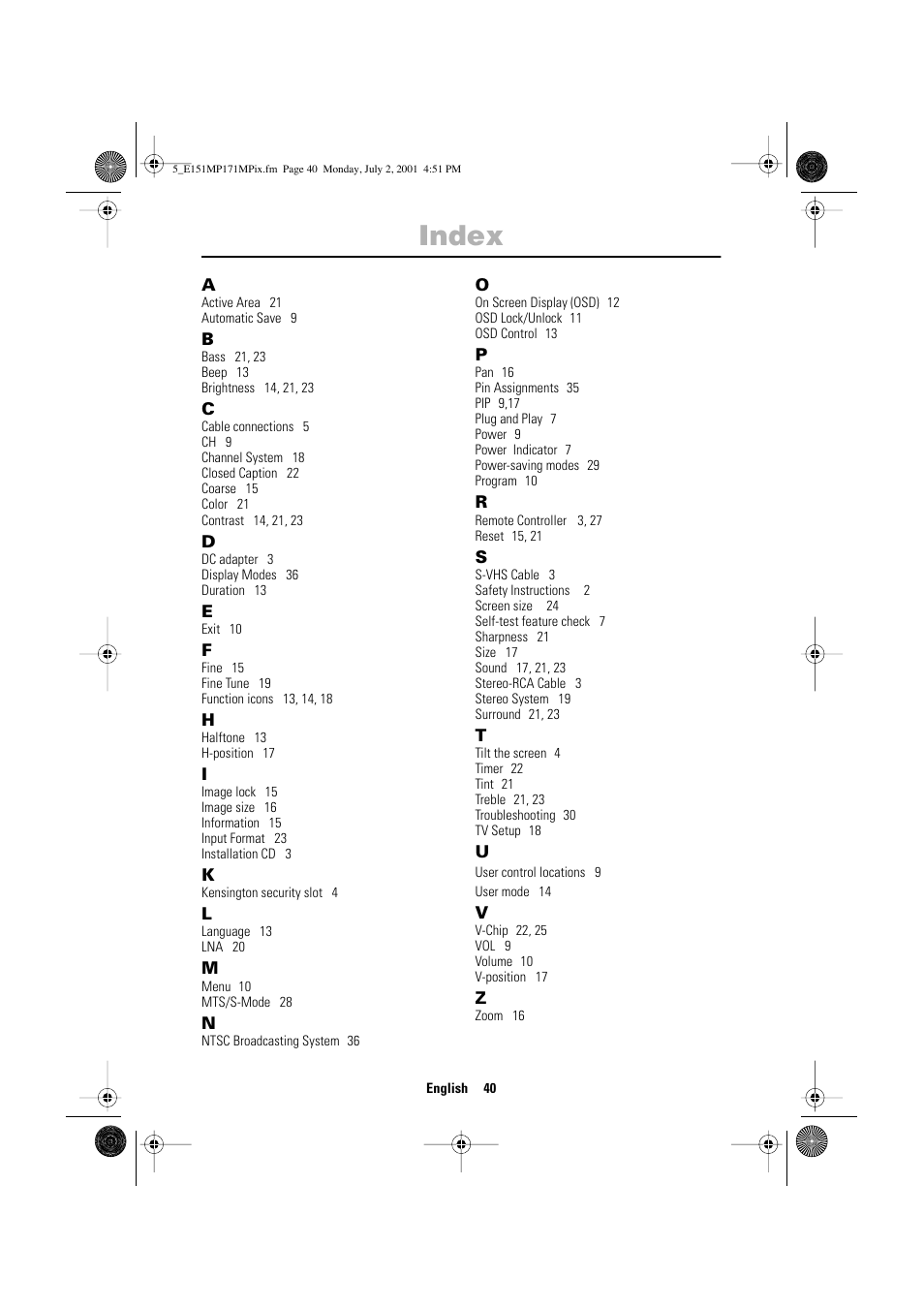 Index | Samsung 151MP User Manual | Page 42 / 44