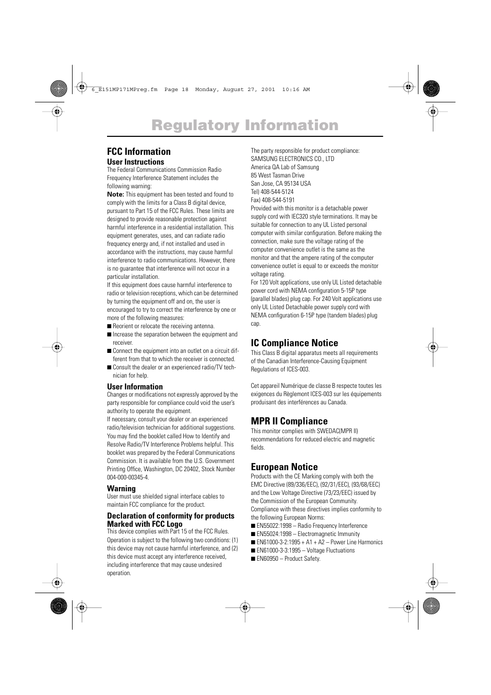 Regulatory information, Fcc information, Ic compliance notice | Mpr ii compliance, European notice | Samsung 151MP User Manual | Page 43 / 44