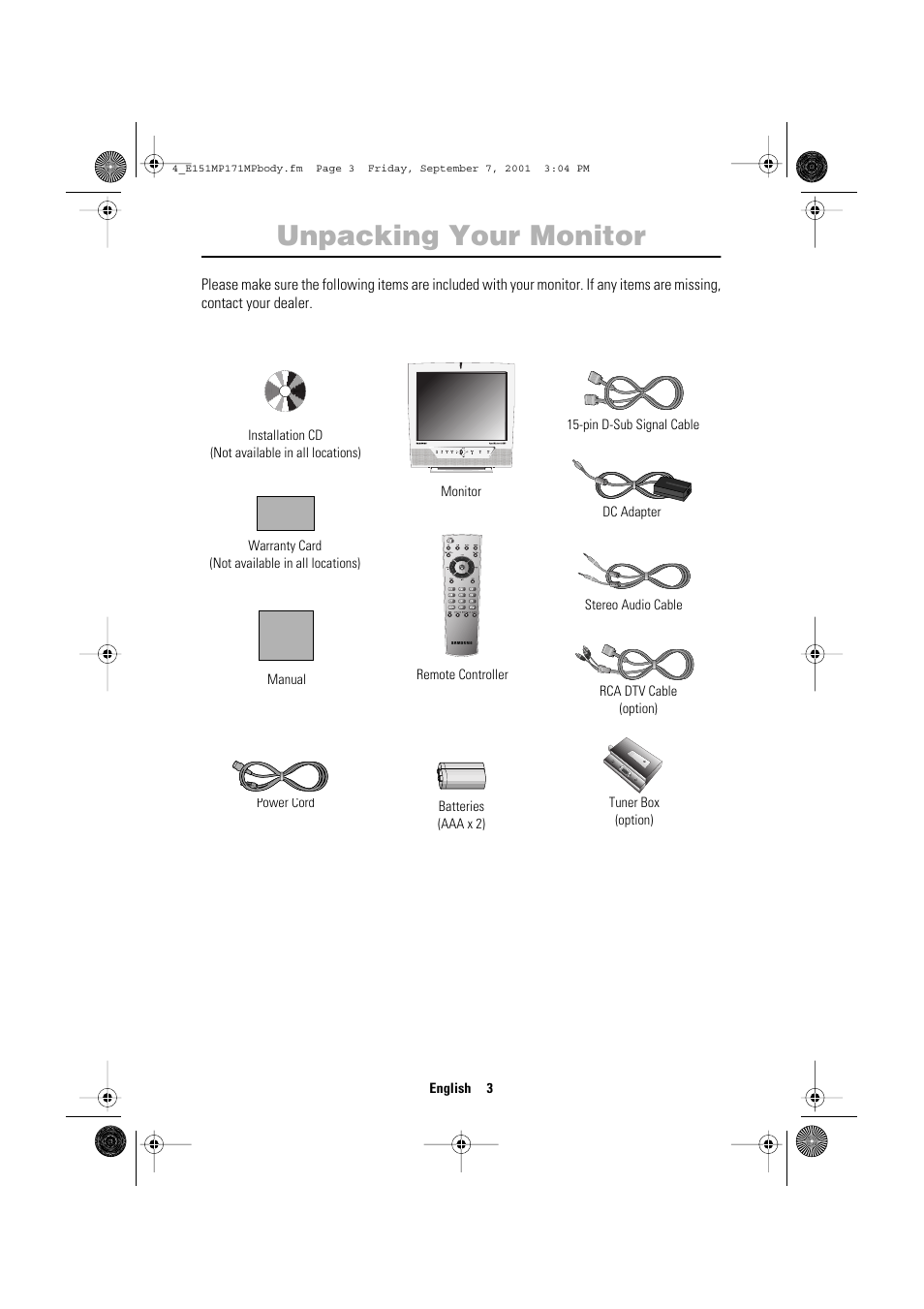 Unpacking your monitor | Samsung 151MP User Manual | Page 5 / 44