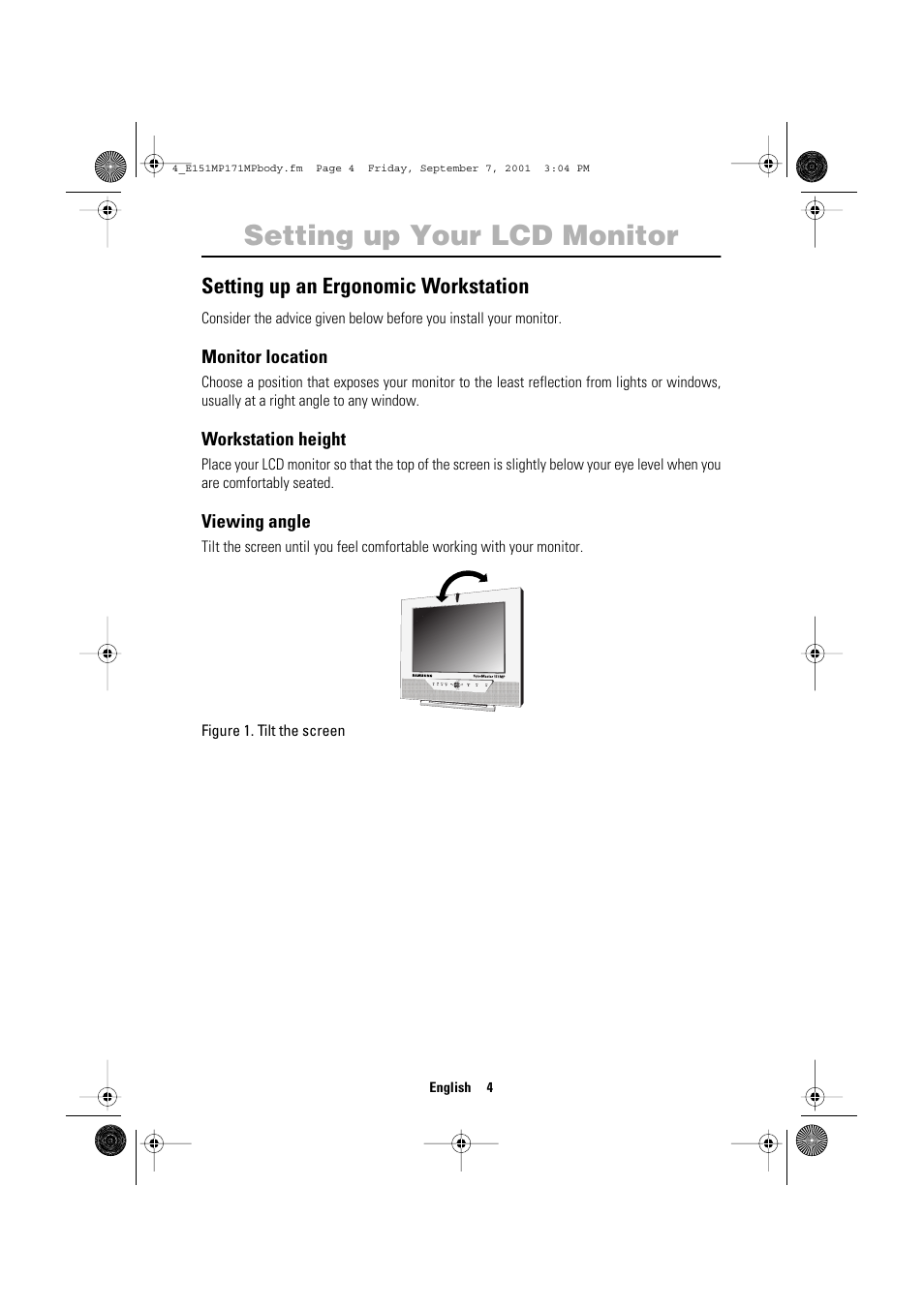 Setting up your lcd monitor, Setting up an ergonomic workstation | Samsung 151MP User Manual | Page 6 / 44