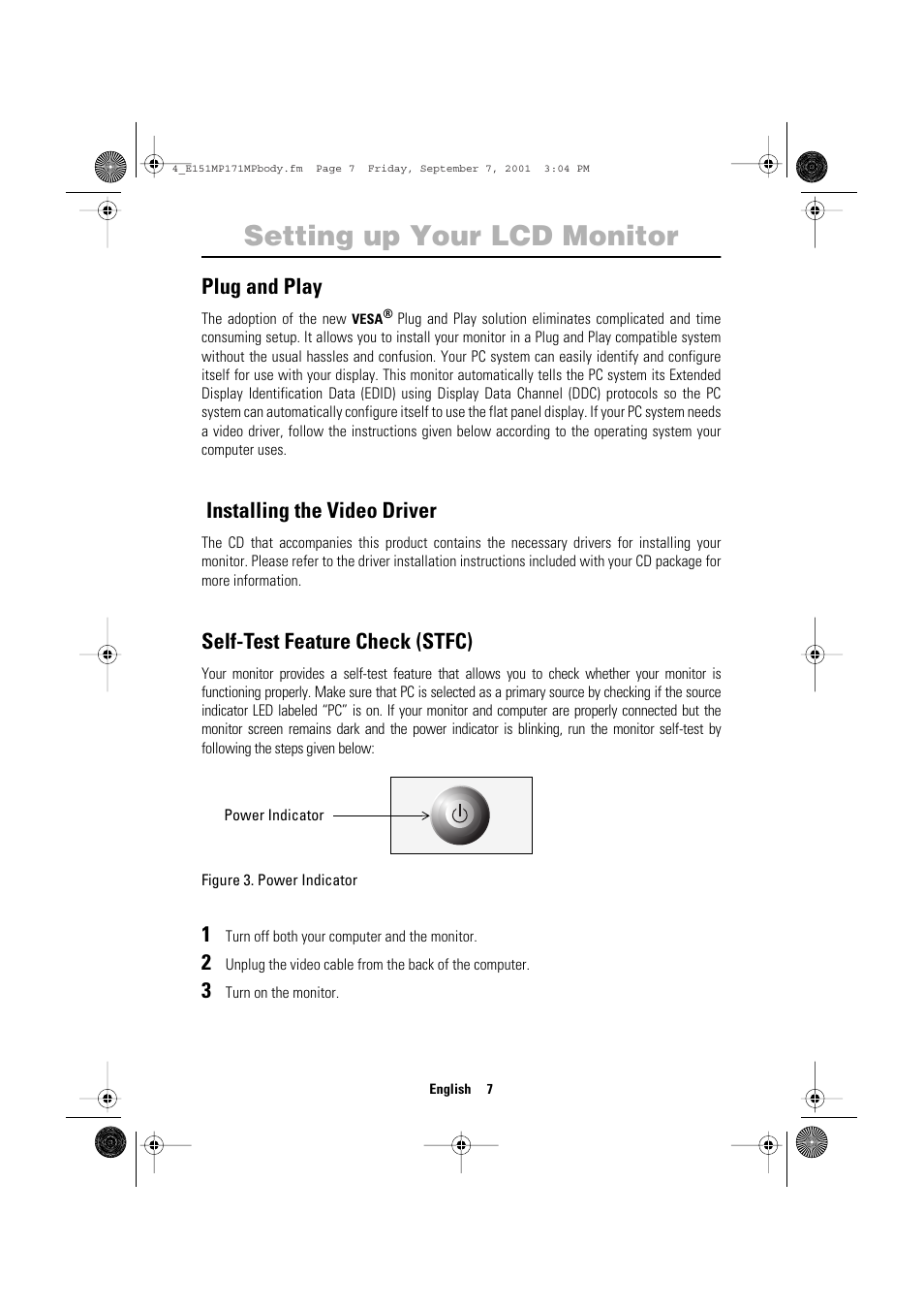 Setting up your lcd monitor, Plug and play, Installing the video driver | Self-test feature check (stfc) | Samsung 151MP User Manual | Page 9 / 44