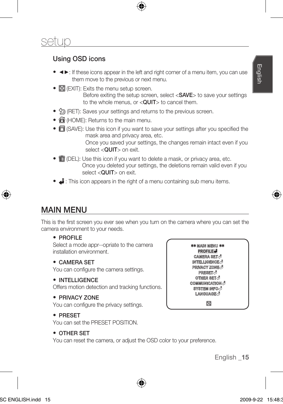 Setup, Main menu | Samsung SCC-C4353 User Manual | Page 15 / 37