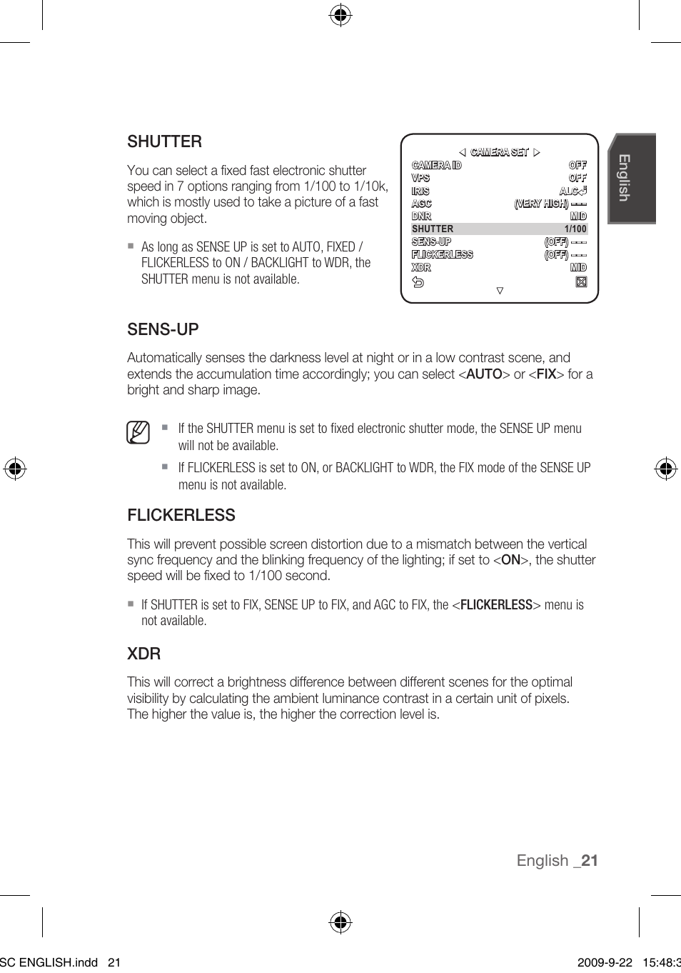 Shutter, Sens-up, Flickerless | English _1 | Samsung SCC-C4353 User Manual | Page 21 / 37