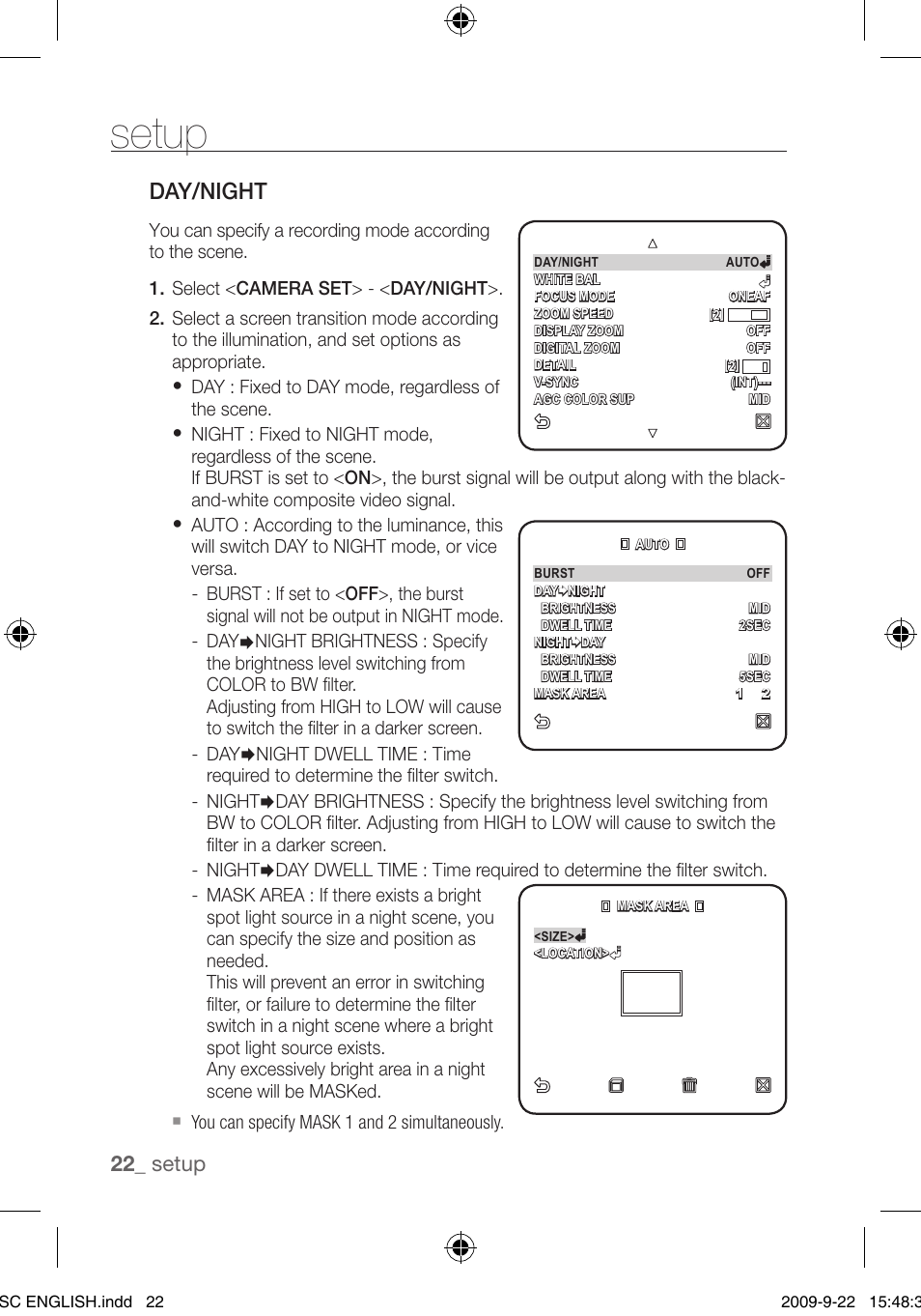 Day/night, Setup | Samsung SCC-C4353 User Manual | Page 22 / 37