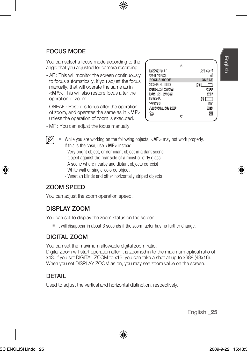 Focus mode, Zoom speed, Display zoom | Digital zoom, Detail, English | Samsung SCC-C4353 User Manual | Page 25 / 37