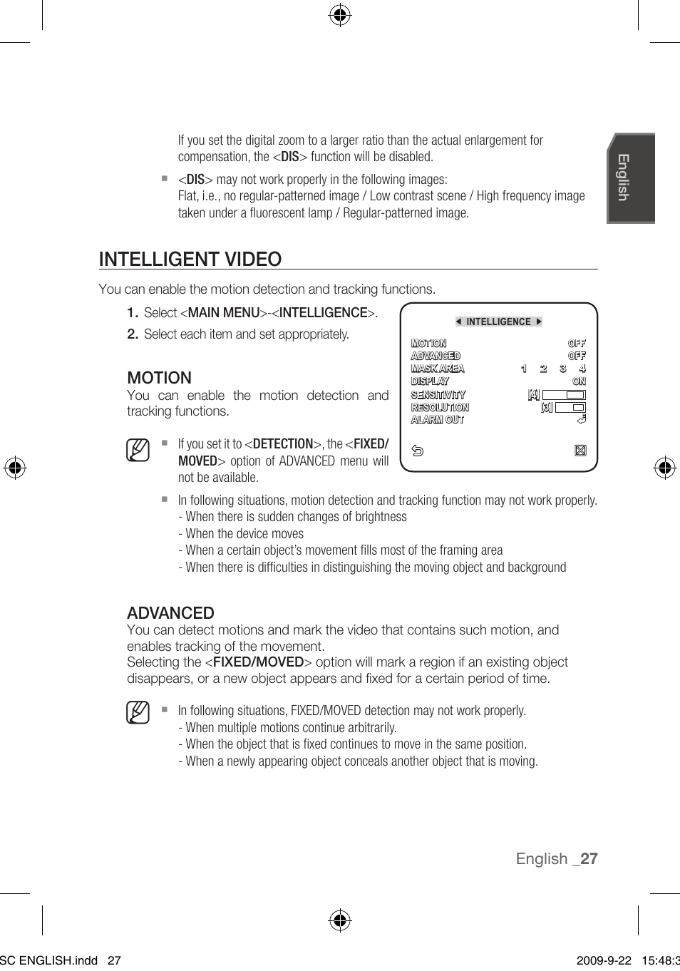 Intelligent video, Motion, Advanced | English | Samsung SCC-C4353 User Manual | Page 27 / 37