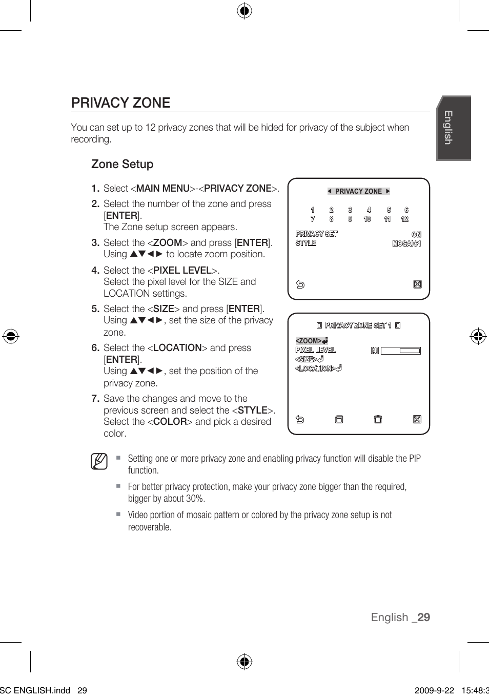 Privacy zone, Zone setup, English | Samsung SCC-C4353 User Manual | Page 29 / 37