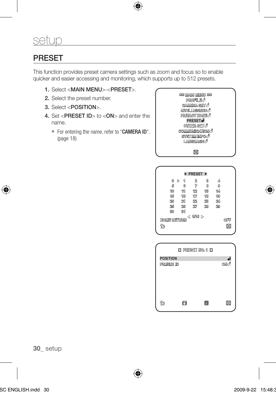 Setup, Preset, 0_ setup | Samsung SCC-C4353 User Manual | Page 30 / 37