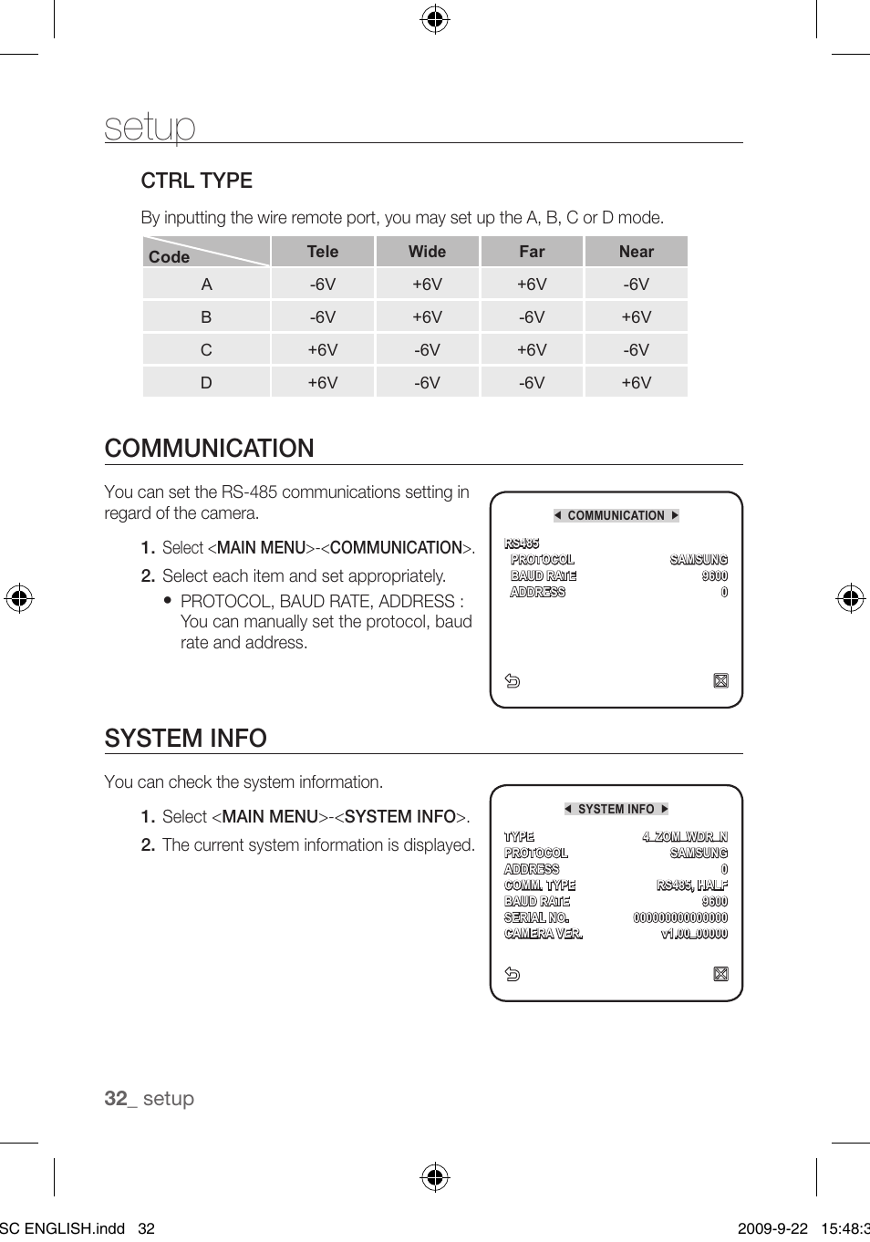 Communication, System info, Ctrl type | Setup | Samsung SCC-C4353 User Manual | Page 32 / 37