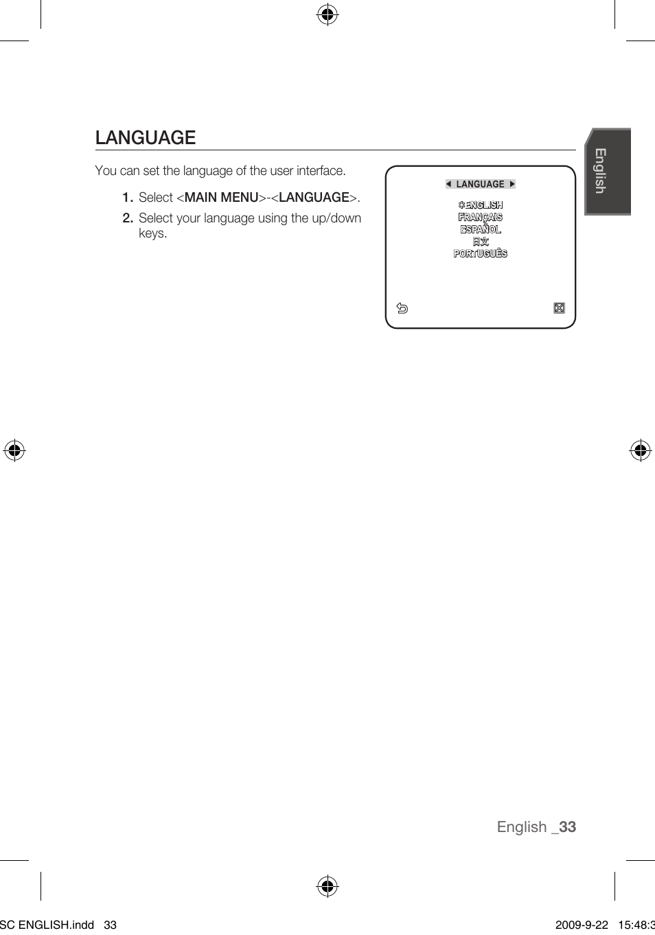 Language, English | Samsung SCC-C4353 User Manual | Page 33 / 37