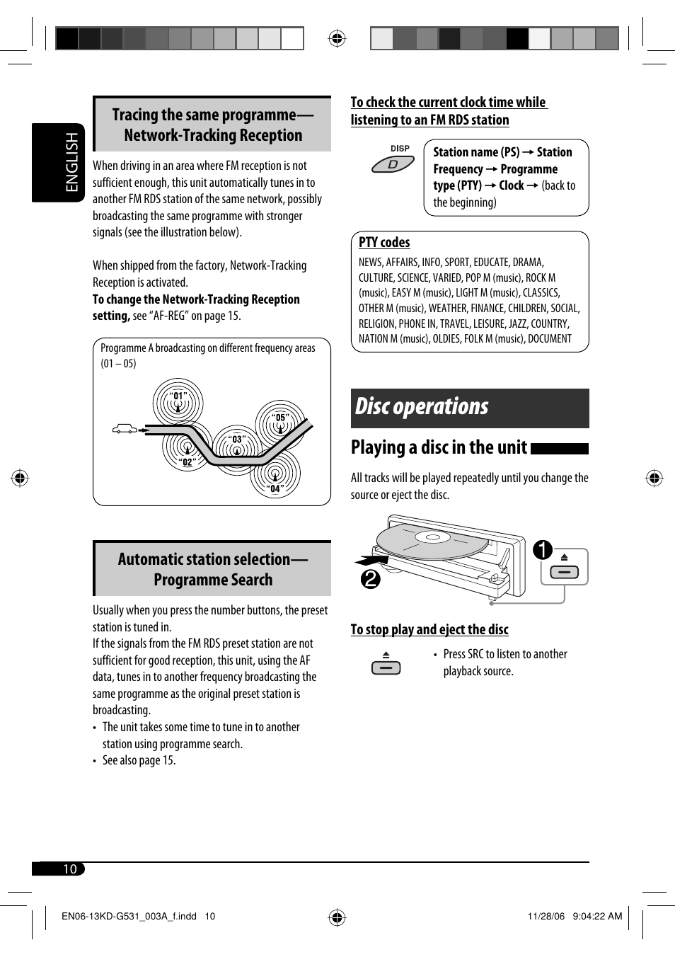 Disc operations, Playing a disc in the unit, Automatic station selection— programme search | JVC KD-G531 User Manual | Page 10 / 80