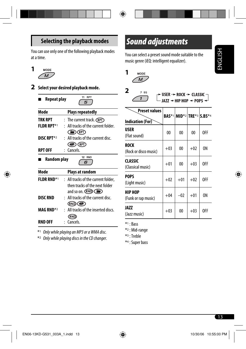 Sound adjustments, Selecting the playback modes, English | JVC KD-G531 User Manual | Page 13 / 80